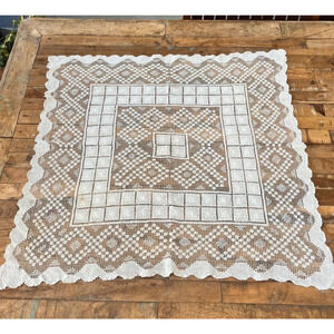 Antique Handmade Tablecloth Square 28 x 30" Filet Lace Crochet Primitive Cottage